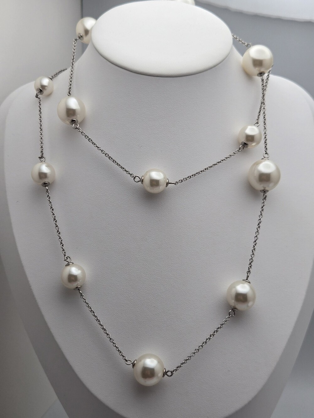 Pearl Tin Cup Necklace Long Layered Faux Pearl Chain 32” + Extender